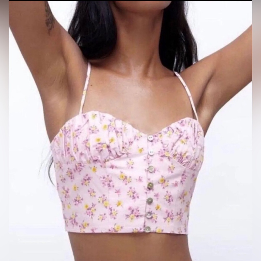 ZARA Multicolored Floral Spaghetti Strapped Crop Top Stretchy Blouse Size L NEW - Picture 3 of 7